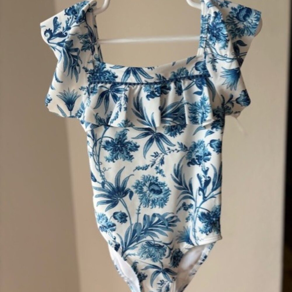 Janie and Jack Ruffle Bathing Suit Floral Coastal Blue & White - Size 3T - NWT